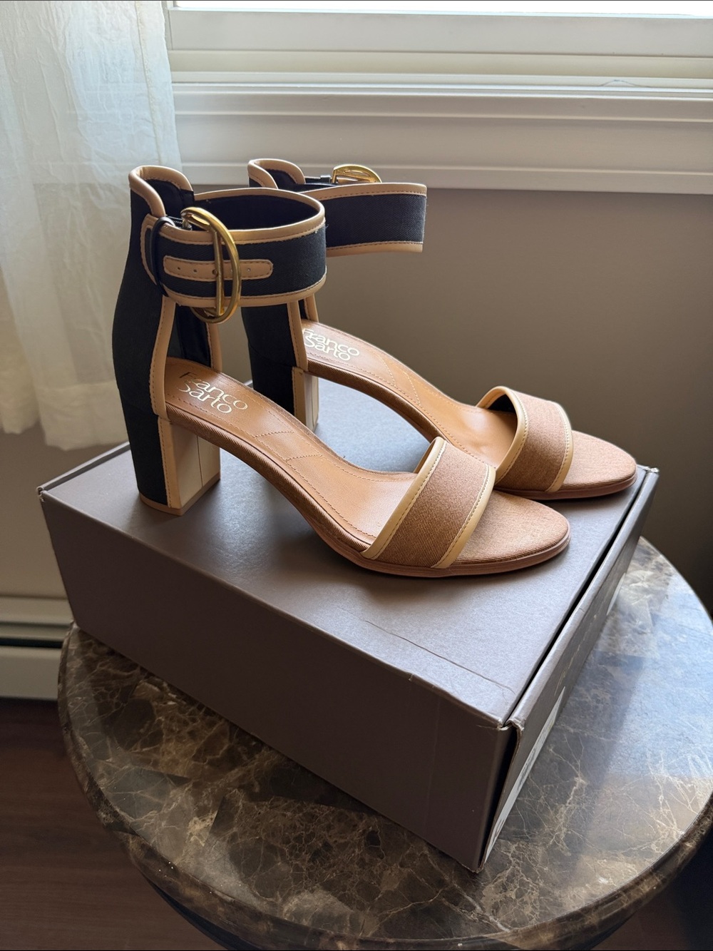 Franco Sarto Ankle-Strap Block Heel Sandals in Brown and Black